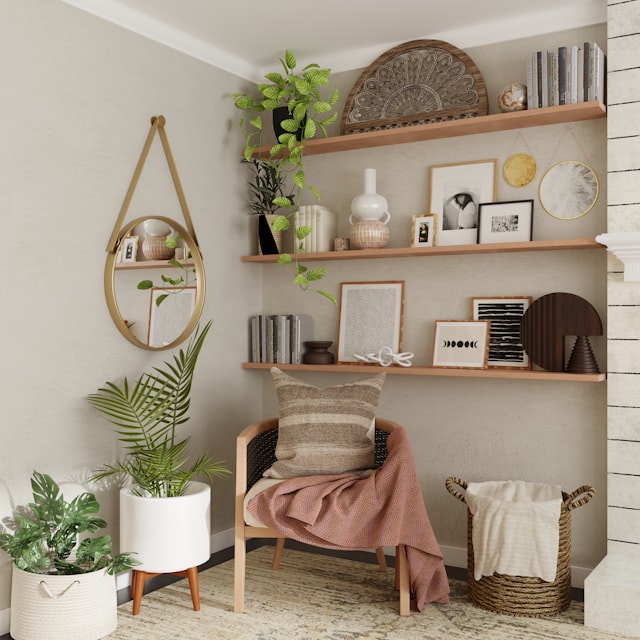 Shelf with framed photos, books, and household keepsakes
